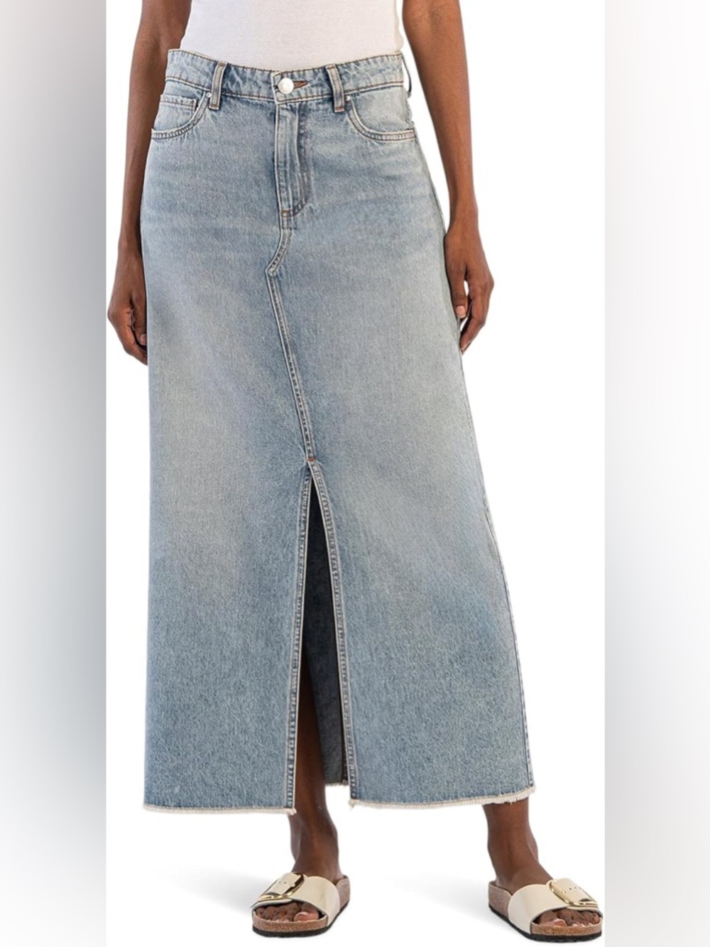 Amazon Women's Light Wash Denim Maxi Skirt with Front Slit